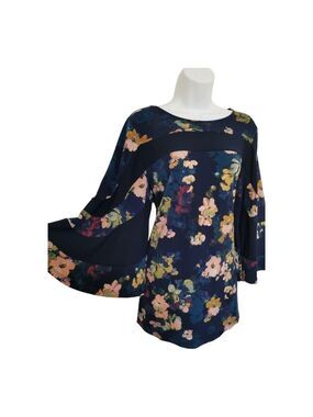 Nina Leonard navy blue floral Jersey top with flare sleeves size L
